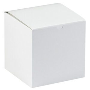 A plain, white, square cardboard box like the MH-USA 6 x 6 x 6 White Gift Boxes (100/Case) is shown with a closed lid on a pristine white backdrop.