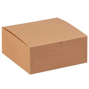 Against a white background sits a brown rectangular box with a front notch. This simple, versatile 8 x 8 x 3 1/2 Kraft Gift Box is ideal for multiple uses and comes in a pack of 100 per case.