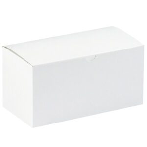 The MH-USA 9 x 4 1/2 x 4 1/2 white gift box, included in a case of 100, features a simple tab closure and elegant design against a white backdrop, making it perfect for any occasion.