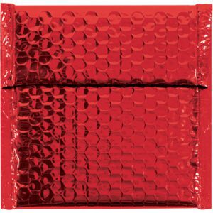 The MH-USA 7 x 6 3/4 Red Glamour Bubble Mailers (72/Case) feature a shiny, textured surface with a metallic finish and horizontal flap closure, ensuring stylish and protective deliveries.