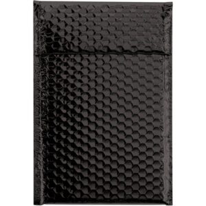 The MH-USA 7 1/2 x 11 Black Glamour Bubble Mailers, sold in a case of 72, feature a glossy finish and hexagonal pattern, offering stylish protection for securely shipping items.