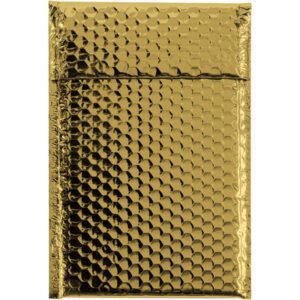 The MH-USA 7.5 x 11 Gold Glamour Bubble Mailers feature a shiny metallic gold finish with textured circular bubble patterns and a rectangular design with a sealing flap, available in cases of 72.
