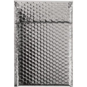 The MH-USA 7 1/2 x 11 Silver Glamour Bubble Mailers, sold in a case of 72, have a hexagonal textured surface and metallic finish for stylish and protective mailing.