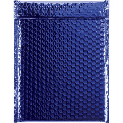 GBM0911B.jpg The MH-USA 9 x 11 1/2 Blue Glamour Bubble Mailers (100/Case) feature a glossy, metallic sheen with a hexagonal pattern, elegantly catching the light. Sealed at the top and empty, each mailer combines style and practicality for your mailing needs.