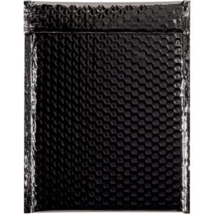 The MH-USA 9 x 11 1/2 Black Glamour Bubble Mailers feature a reflective hexagonal bubble surface and come in cases of 100, ideal for adding style to deliveries against a plain backdrop.