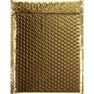 The MH-USA 9 x 11 1/2 Gold Glamour Bubble Mailers (100/Case) feature a dazzling honeycomb pattern and shiny finish, with a visible top flap for protective item shipping, making them the stylish choice for reliable mailing solutions.