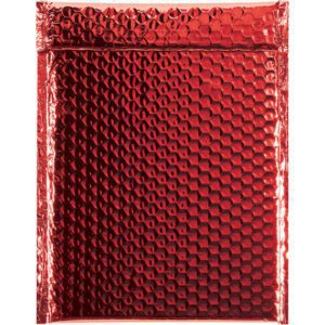 The MH-USA 9 x 11 1/2 Red Glamour Bubble Mailers (100/Case) have a shiny, textured surface with a captivating honeycomb pattern, closed design, and reflective finish, giving each package metallic allure.
