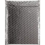 The MH-USA 9 x 11 1/2 Silver Glamour Bubble Mailers come in cases of 100 and feature a shiny silver finish with raised circular bubbles, ideal for secure mailing. The rectangular metallic envelope has a sealed flap at the top for stylish protection of contents.
