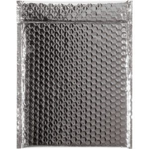 The MH-USA 9 x 11 1/2 Silver Glamour Bubble Mailers come in cases of 100 and feature a shiny silver finish with raised circular bubbles, ideal for secure mailing. The rectangular metallic envelope has a sealed flap at the top for stylish protection of contents.