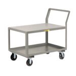 The Little Giant Sloped Handle Heavy-Duty Utility Cart features a gray design with two sturdy shelves and four black caster wheels. Its sloped handle ensures easy maneuverability, making it perfect for various tasks.