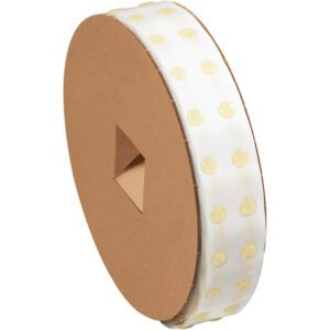 A large roll of 1/2 Dot Shot® Medium Tack Glue Dots® with low-profile dots evenly spaced on a translucent strip, featuring a cardboard spool with a triangular shape at the center, ensuring amazing adhesion and optimal convenience. (1500/Roll).