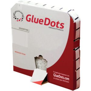 A box of 1/4 Low Profile High Tack Glue Dots® (4000/roll) in red and white packaging features the bold brand name with a circular dotted logo and has a bottom dispensing slot for easy use.