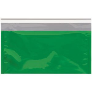 The MH-USA Green Metallic Glamour Mailer, sized 6 1/4 x 10 1/4, includes a resealable white zipper and comes in cases of 250, showcased against a white backdrop.