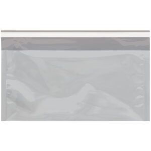 The MH-USA silver metallic glamour mailers feature a resealable design with a white zipper seal, perfect for versatile storage needs. These bags, lying flat on a white background, come in a convenient case of 250.