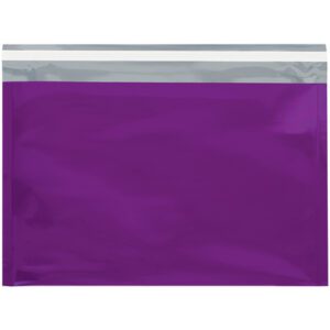 The MH-USA 9 1/2 x 12 3/4 Purple Metallic Glamour Mailers feature a silver sealing strip and stand out against a white backdrop, available in cases of 250.