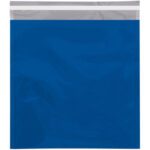 The MH-USA 10 3/4 x 13 Blue Metallic Glamour Mailers, sold in cases of 250, are resealable plastic bags with a transparent sealing strip at the top. They are empty, flat, rectangular, and glossy, perfect for secure and stylish shipping needs.