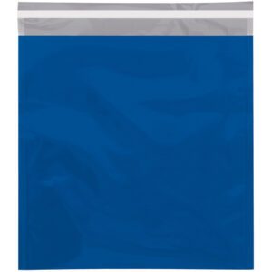 The MH-USA 10 3/4 x 13 Blue Metallic Glamour Mailers, sold in cases of 250, are resealable plastic bags with a transparent sealing strip at the top. They are empty, flat, rectangular, and glossy, perfect for secure and stylish shipping needs.