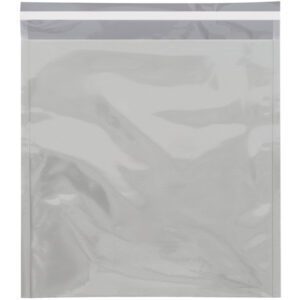 A clear resealable plastic bag with a zip is showcased on a plain background, echoing the glossy allure of MH-USAs 10 3/4 x 13 Silver Metallic Glamour Mailers (250/Case) by reflecting light brilliantly.