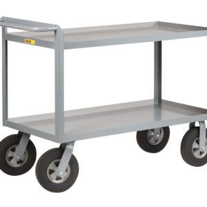 Introducing the Little Giant Cushion-Load Merchandise Collectors, featuring two spacious shelves, four black wheels for smooth transport, sturdy gray metal construction, and a convenient handle for easy maneuverability—ideal for any task.