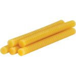 Four 8 3M™ 3762 hot-melt glue sticks are aligned parallel on a plain white background. These yellow sticks have ribbed textures and smooth, rounded ends.