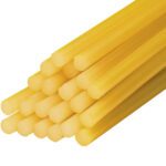 A pyramid of MH-USA 1/2 x 15 - Amber Glue Sticks, each cylindrical and semi-transparent, is beautifully arranged against a pristine white background.