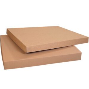 Two large, flat cardboard boxes, slightly askew, resemble MH-USA Heavy-Duty Gaylord Lids (41 1/4 x 31 1/4 x 4, 5/Bundle). They appear closed against a plain white background.
