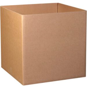 A plain, open, square cardboard box in light brown is displayed against a white background. It belongs to the MH-USA 40 x 40 x 40 Triple Wall Gaylord Bottoms (5/Bundle), known for its durability and strength in every use.