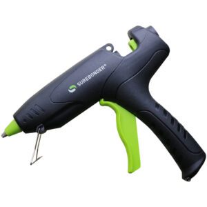 The MH-USA Industrial Light-Duty Glue Applicator, featuring a sleek black and green design with Surebonder branding, includes a trigger handle for easy use, a metal stand at the nozzle, and stylish green accents on the trigger and edges.