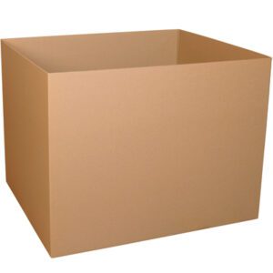 A large, empty MH-USA 48 x 48 x 36 Triple Wall Gaylord Bottoms box, featuring open flaps and a brown cardboard design, sits unused against a white background with clean edges and a smooth surface.