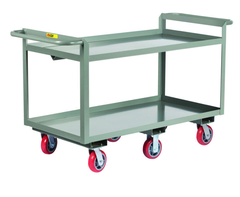 The Little Giant 6 Wheeled Double Handled Heavy-Duty Shelf Truck boasts a gray cart with two shelves and six red wheels. Designed for industrial or commercial use, it features handles on both ends for easy transportation of items.