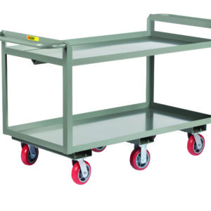 The Little Giant 6 Wheeled Double Handled Heavy-Duty Shelf Truck boasts a gray cart with two shelves and six red wheels. Designed for industrial or commercial use, it features handles on both ends for easy transportation of items.