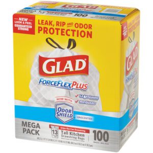 A case of Glad® ForceFlex® Trash Bags includes 100 white, 13-gallon, unscented bags with features like leak, rip, and odor protection with Odor Shield—perfect for a clean kitchen environment.