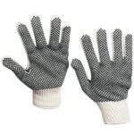 The MH-USA PVC Black Dot Knit Gloves - Small (12 Pair/Case) are white with black rubber dots on the palms and fingers, enhancing grip with their dot pattern.