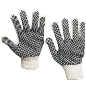 The MH-USA PVC Black Dot Knit Gloves - Small (12 Pair/Case) are white with black rubber dots on the palms and fingers, enhancing grip with their dot pattern.