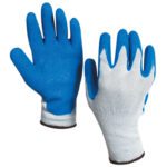 Large MH-USA Rubber Coated Palm Gloves have blue rubberized palms and fingers with gray fabric on the back. The right glove is palm up, and the left glove is palm down. Sold in 12-pair cases for convenience.