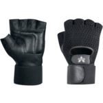 Each pair of MH-USA mesh material handling fingerless gloves, size medium, has padded palms, a Velcro wrist strap with brand logo, and a breathable mesh back. One glove displays the top and one shows the palm. Sold as 2 pairs per case.