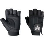 Black fingerless MH-USA Pro Material Handling gloves with VALEO logo, padded palms for comfort, and adjustable straps for a perfect fit. Available in Large as 2 pairs per case, ideal for any fitness enthusiast.
