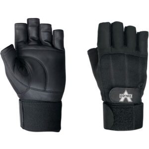 The MH-USA Pro Material Handling Fingerless Gloves (Medium) feature padded palms, adjustable wrist straps, a fabric and leather-like blend, and a logo on the wrist. Displayed: one glove palm up, the other down. Sold as 2 pairs per case.