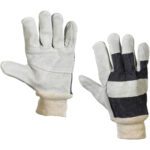 The MH-USA Leather Palm w/ Knit Wrist Gloves - Large feature gray leather palms, black fabric backs, and reinforced white cuffs for durable flexibility. Perfect for heavy-duty tasks, theyre shown with one palm up and one palm down. Sold as 12 pairs per case.