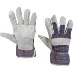The MH-USA Leather Palm w/Safety Cuff Gloves in medium have gray leather palms, striped fabric backs, reinforced cuffs for added protection, and are displayed with one glove palm up and the other palm down. They are sold in a case of 12 pairs.