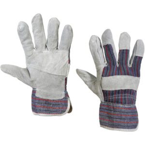 The MH-USA Leather Palm w/Safety Cuff Gloves - XLarge (12 Pair/Case) showcase gray leather with striped fabric backing, reinforced palms for protection, and wide cuffs for easy wear. Displayed with one glove showing the palm and the other the back.