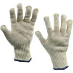 The Knifehandler® Gloves - Medium feature cream-colored knit with textured surfaces and a blue wrist trim, ideal for precise tasks. Stylish and functional, theyre available in sets of four per case.