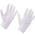 Against a plain background, the MH-USA Cotton Inspection Gloves 3.5 oz. - Small (12 Pair/Case) are shown with palms up, featuring five extended fingers on each glove.