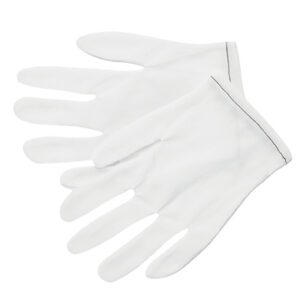 The MH-USA Nylon Inspection Gloves 40 Denier - Mens Xlarge feature simple wrist stitching. The white gloves are shown flat with slightly overlapping fingers on a plain white background. Available as a 12-pair case.