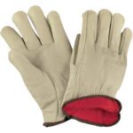 The MH-USA Cowhide Leather Drivers Gloves, large, feature beige leather with a soft red fleece lining and brown trim at the wrists for rustic charm. Sold in sets of three pairs per case, they are designed for durability.