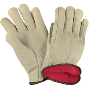 A pair of MH-USA Cowhide Leather Drivers Gloves in XLarge, with beige exterior and red fleece lining, is displayed. One glove is palm-up and the other palm-down to show the interior. Available in sets of three pairs per case.