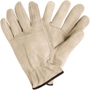 The MH-USA Deluxe Cowhide Leather Drivers Gloves - Large (3 Pair/Case) boast a stylish light brown suede finish, reinforced stitching, and wrist elastic, showcased on a white background.