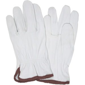 A pair of white MH-USA Goatskin Leather Drivers Gloves - Large (3 Pair/Case) features brown cuff trim and gathered wrists for a snug, elastic fit.