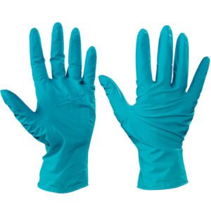 Two teal Ansell® Touch N Tuff® Nitrile Gloves - Xlarge (100/Case) are set against a white background, showcasing one glove palm up and the other palm down to highlight their texture and contours with precision.