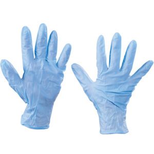 The image displays two blue MH-USA Nitrile Gloves - 6 Mil - Large (100/Case) on a white background, slightly wrinkled, with palms forward and fingers spread to emphasize their durable yet flexible design.